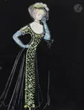 Projet de costume pour la pièce de théâtre «Les Bonnes» de Jean Genet by Léonor Fini, 1960, Gouache sur papier noir, sold Nov 2025