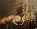 Nature morte au citron, crabes, Röhmer, raisin, noix et noisettes sur un entablement by Jan Davidsz. de Heem, Panneau de chêne, une planche, non parqueté, légèrement agrandi en partie inférieure, sold Jun 2025