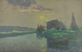 Vue nocturne de la rivière by Antoine Ponchin, Aquarelle rehaussée à fond perdu sur papier, sold May 2025