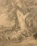 Le berger, son chien et son troupeau by Charles Jacque, Crayon et fusain, sold Mar 2025