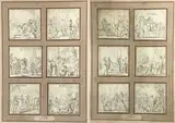Deux montages comprenant chacun six vignettes avec des scènes de campagne : moisson, cueillette, vendange… by Louis-Félix de la Rue, Plume et encre noire, lavis brun sur traits de crayon noir, sold Feb 2025