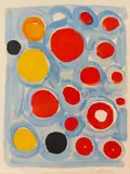 Sans titre (Fond bleu avec cercles jaunes, rouges et orange). 1969 by Alexander Calder, Lithographie, sold Nov 2024