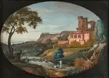 Paysage italien animé de personnages by Jean-Hyacinthe Laclotte, Gouache, sold Dec 2023