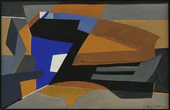 Sans titre - Composition géométrique en bleu et ocre by Jean-Jacques Deyrolle, 1963, Gouache signée et datée, sold Dec 2023