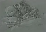 Juliette lisant dans son lit by Augustin Rouart, Crayon noir et rehauts de craie blanche sur papier gris, sold Nov 2023