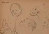 Jean-Marie enfant, trois études de têtes, visage de la mère en haut à droite by Augustin Rouart, Crayon noir, plume et encre noire, sur papier mi-teinte, sold Nov 2023