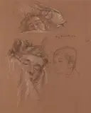 Deux études de Juliette et une étude de Jean-Marie by Augustin Rouart, Crayon noir et rehauts de craie blanche sur papier mi-teinte, sold Nov 2023