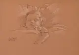 Portrait de Jean-Marie à 2 ans by Augustin Rouart, Crayon noir et rehauts de craie blanche sur papier mi-teinte, sold Nov 2023
