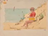 Jean-Marie enfant sur la plage by Augustin Rouart, Aquarelle sur traits de crayon noir, sold Nov 2023