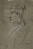 Jeune homme au bonnet de peintre by Augustin Rouart, Crayon noir et rehauts de craie blanche sur papier mi-teinte, sold Nov 2023