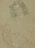 Étude pour Juliette demandant le silence by Augustin Rouart, 1943, Crayon noir et rehauts de craie blanche sur papier chamois, sold Nov 2023