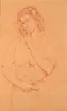 Juliette demandant le silence by Augustin Rouart, 1943, Sanguine et rehauts de craie blanche sur papier beige, sold Nov 2023