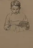 Daniel lisant by Augustin Rouart, Crayon noir et rehauts de craie blanche sur papier mi-teinte, sold Nov 2023