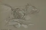 Portrait de Jean-Marie dans son lit, reprise de la tête sur le bord droit by Augustin Rouart, Crayon noir et rehauts de gouache blanche sur papier mi-teinte, sold Nov 2023