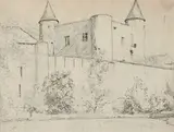 Vue du château d'Arette, dans le Béarn by Augustin Rouart, Plume et encre noire sur traits de crayon noir sur cartonette, sold Nov 2023