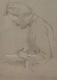 Daniel écrivant by Augustin Rouart, Crayon noir et rehauts de craie blanche sur papier préparé en gris, sold Nov 2023
