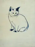 Le chat by Augustin Rouart, Plume et encre bleue sur traits de crayon noir sur papier préparé en blanc, sold Nov 2023