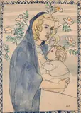 Vierge à l'enfant (Juliette et Daniel) : projet de céramique by Augustin Rouart, Aquarelle sur traits de crayon noir, sold Nov 2023