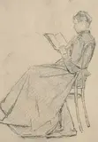 Femme assise lisant by Henri Rouart, vers 1860, Crayon noir sur papier beige, sold Nov 2023