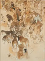 Marché Marocain by Jean Gaston Mantel, Encre de Chine et aquarelle, sold Nov 2024