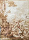 Paysans avec une fermière trayant une chèvre by Nicolò Grassi, Encre brune sur traits de sanguine, lavis brun annoté en bas à gauche Nicola GRAFFI VENEZI, sold Apr 2024