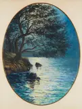 Bord de mer au crépuscule by Arsen Chabanyan, Pastel de forme ovale signé en bas à droite, sold Mar 2024
