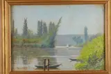 Bateaux sur la rivière by Joseph Delattre, Pastel signé en bas à gauche, sold Mar 2024