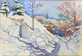 Leysin (Suisse) sous la neige - Le clocher de l'Eglise by Henri de Saint-Delis, Aquarelle sur papier, sold Dec 2014
