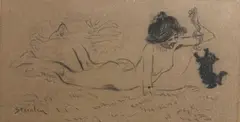 Nu couché jouant avec un chat by Théophile Steinlen, Crayon noir portant une signature en bas à gauche, sold Oct 2025