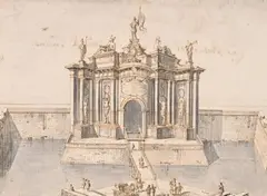 Projet de palais fortifié avec un pont levis by Francesco Zucchi, Plume et encre brune lavis gris sur traits de crayon noir, sold Sep 2025
