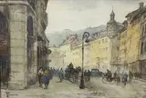 Chambéry, la place St Léger animée by Yvonne Récamier, Aquarelle signée en bas à gauche, sold Jun 2025