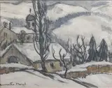 Église de montagne sous la neige by Henriette Morel, Aquarelle, encre (lavis) et fusain, sold Oct 2025