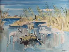 Flamants-roses et hérons en Camargue by Yves Brayer, 1959, Aquarelle et encre (plume et lavis), sold Oct 2025