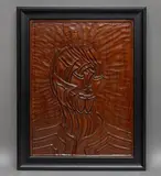 Personnage au visage en feuilles by Pierre Dedieu, 1963, Panneau d'acajou incisé, sold Oct 2025