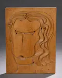 Sans titre by Pierre Dedieu, 1957, Panneau visage sans yeux Bas-relief en bois naturel sculpté, sold Oct 2025