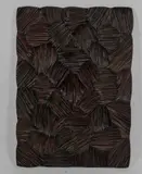 Relief aux cratères ratissés by Pierre Dedieu, 1986, Panneau bas-relief en bois à patine brune nuancée de rouge, sold Oct 2025