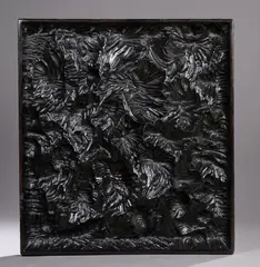 Sans titre by Pierre Dedieu, Panneau au relief mouvementé Bas-relief en bois sculpté et patiné en noir, sold Oct 2025