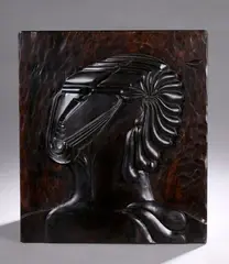Sans titre by Pierre Dedieu, 1948, Panneau profil Bas-relief en bois sculpté et patiné, sold Oct 2025
