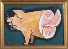 Cochon, 1951 Maquette d'une affiche publicitaire pour une conserverie by Raymond Savignac, 1951, Gouache, sold Oct 2025