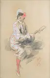 Colombine à la mandoline by Jules Chéret, Crayon noir, fusain et rehaut de gouache, sold Sep 2025