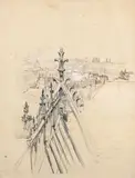 Vue des toits de Paris by Charles Jouas, Crayon noir, rehauts de sanguine et de gouache, sold Sep 2025