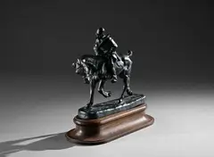 Sonneur de chasse à courre à la pipe by Gaston d'Illiers, Épreuve en bronze à patine verte, sold Sep 2025
