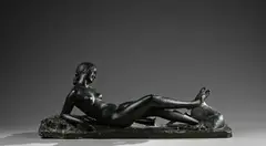 Jeune femme allongée et biche by Ary Bitter, Épreuve en bronze à patine brune nuancée, sold Sep 2025