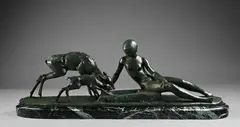 & LES NEVEUX DE JULES LEHMANN (fondeur) « A la fontaine by Ary Bitter, Épreuve en bronze à patine vert antique nuancé sur socle en marbre vert veiné gris blanc à, sold Sep 2025