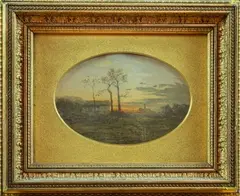 Crépuscule sur la campagne by François-Auguste Ravier, Aquarelle et encre (plume et lavis) sur papier à vue ovale, sold Sep 2025