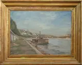 Bateau plate sur le Rhône en amont de Lyon by Léon Garraud, Huile et gouache sur carton, sold Sep 2025