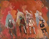 Quatre cavaliers fond rouge by Hassan El Glaoui, Gouache, sold Jun 2024