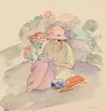 Femme assise à sa lecture au jardin by Henri Lebasque, Aquarelle sur traits de crayon, sold Jun 2024