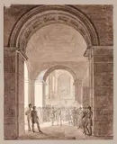 Album contenant environ cinquante dessins : Bord de mer, intérieurs d'églises et de cloîtres, Maison Lafontaine à Château-Thierry, Vue de Dijon, Vue de l'aquedu by Jean-Baptiste Arnout, Crayon noir, lavis brun, aquarelle, sold Jun 2024