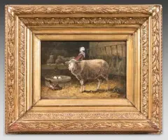 Moutons et bergères dans une étable by Cornelius Van Leemputten, Panneau, sold Jun 2024